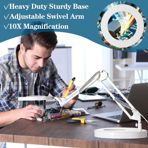 Man using 10X Magnifying Light With LED Desk Lamp Clamp, 1800 Lumens Stepless Dimmer, 3 Color Modes, for electronics repair.