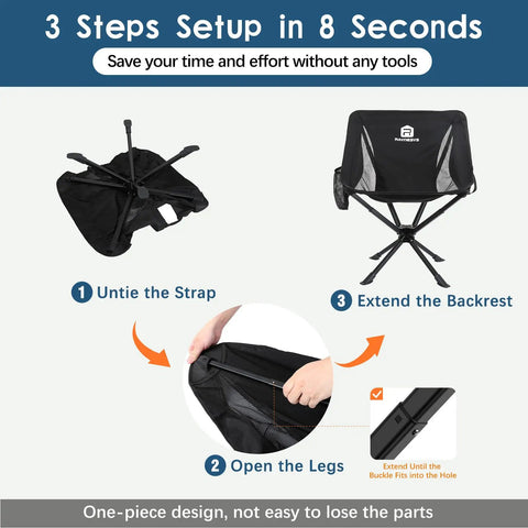 Lightweight Portable Folding Camping Chair With 360 Degree Rotation, 8 Second Quick Setup, easy three-step assembly guide