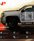 Front driver side view showing power window regulator installation in a pickup truck door, highlighting material and connection type.