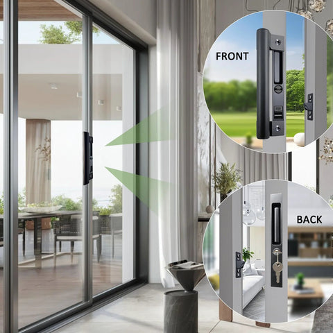 Sliding Glass Door Handle Set With Lock For Patio Doors Easy To Install Replacement For Damaged Hardware Exterior Lock, black finish shown installed