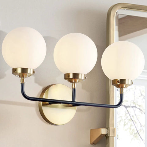 22 Inch Brass Gold Black White 3 Light LED Wall Sconce Vanity Lighting With Clear Glass Globe Shades above mirror