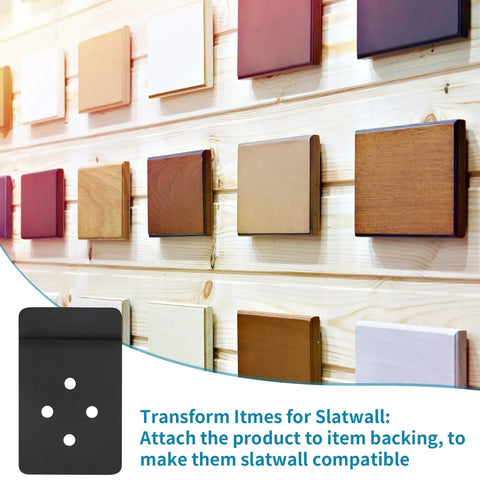 Display of wood samples on slatwall using Slatwall Metal Plate Mount Backplate For Slatwall Panels Built Tough Heavy Duty Adapter