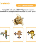 Poppet And Bonnet Assembly Repair Kit For 765 CBV One Half Inch And 765DBV Three Quarter Inch Pressure Vacuum Breakers And Backflow Preventers PVB Material visible with three model images and components.