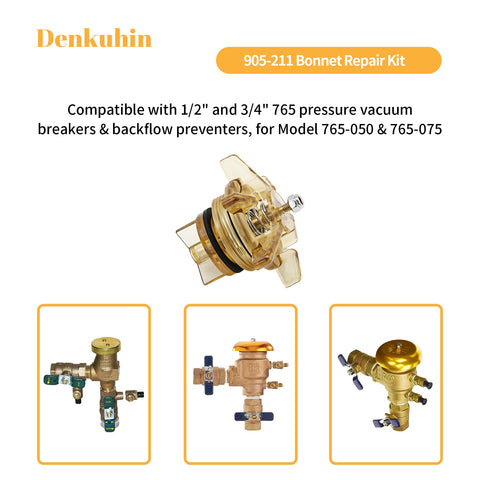 Poppet And Bonnet Assembly Repair Kit For 765 CBV One Half Inch And 765DBV Three Quarter Inch Pressure Vacuum Breakers And Backflow Preventers PVB Material visible with three model images and components.
