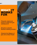 Close-up of Anti Spatter Welding Spray 2 Pack 14 Oz Each used during welding showing sparks and product spray in action.