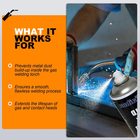 Close-up of Anti Spatter Welding Spray 2 Pack 14 Oz Each used during welding showing sparks and product spray in action.