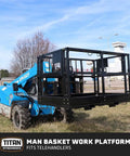 Rock Solid Four By Six Foot Mesh Telehandler Work Platform With Heavy Duty Safety Cage For Forklift Aerial Access And No Sweat Roof Tree Painting Jobsite Repairs on telehandler outdoors.