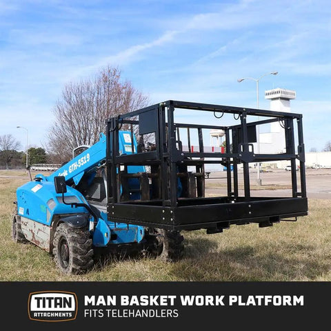 Rock Solid Four By Six Foot Mesh Telehandler Work Platform With Heavy Duty Safety Cage For Forklift Aerial Access And No Sweat Roof Tree Painting Jobsite Repairs on telehandler outdoors.