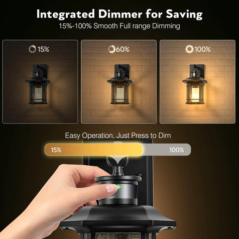 Motion Activated Outdoor Wall Lantern With Dusk To Dawn Sensor In Black Aluminum Anti Rust Finish dimmer operation.