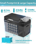 Portable 32 Quart 12 Volt Car Refrigerator And Electric Cooler showing dimensions and capacity for cans and bottles.
