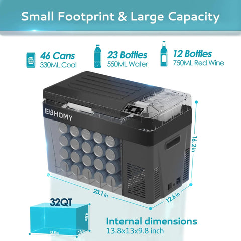 Portable 32 Quart 12 Volt Car Refrigerator And Electric Cooler showing dimensions and capacity for cans and bottles.