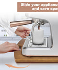 Solid Wood Sliding Tray For Coffee Makers And Heavy Kitchen Appliances, 360-Degree Rolling Wheels in use under coffee machine