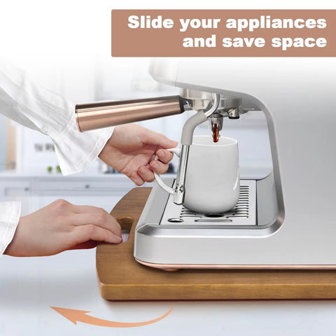 Solid Wood Sliding Tray For Coffee Makers And Heavy Kitchen Appliances, 360-Degree Rolling Wheels in use under coffee machine