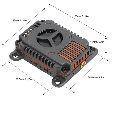 3W 5.8GHz FPV Video Transmitter VTX with 48CH ultra lightweight aluminum alloy build, showing dimensions and interface