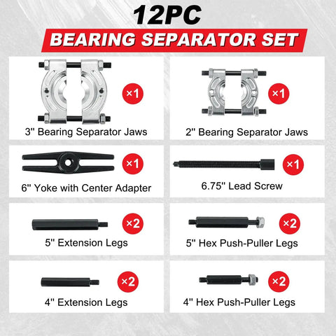 Heavy Duty 12pcs Bearing Puller Set With 5 Ton Capacity And Separator Kit With 2 And 3 Inch Jaws For Wheel Hub Axle Pinion Removal Drop Forged Carbon Steel Construction Black Oxide Finish To Stubborn Gears In Garage Shop For Pros Doing Auto Repair Work, 12pc bearing separator set with 2 and 3 inch jaws and extension legs