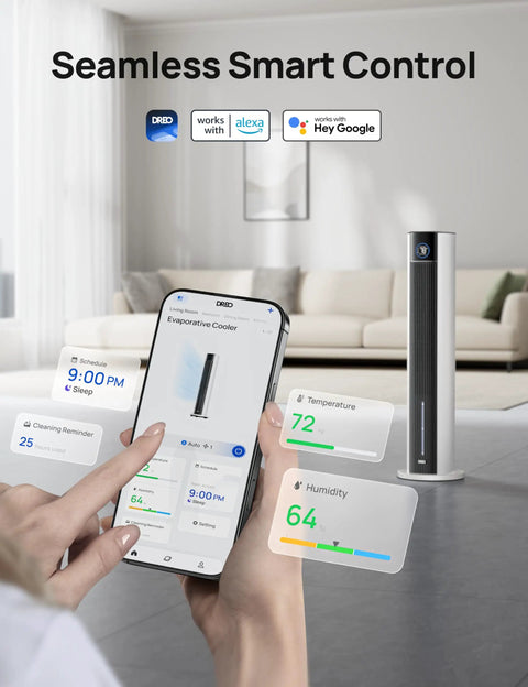 Smartphone controlling Bedroom Tower Fan With Evaporative Cooling, 43 Inch Upgraded 2025 Model, Quiet 85 Degree Oscillation.