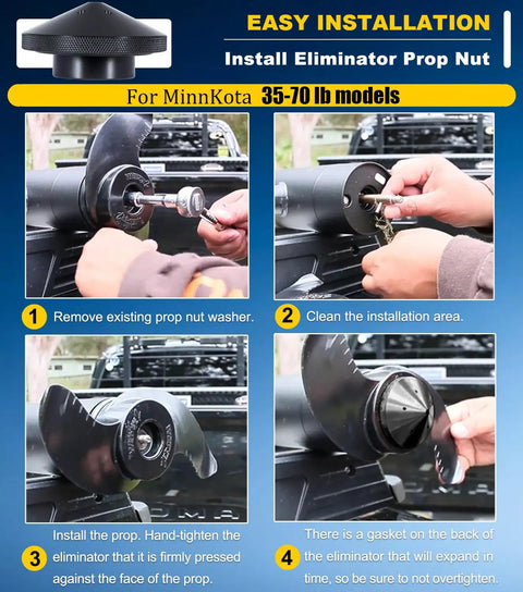 Installation steps for Aluminum Prop Nut For MinnKota 35-70 lb models Replacement GFEL MKS BK DP reducing noise and vibration