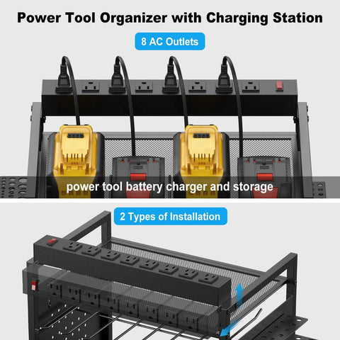 Close-up of Power Tool Organizer Floor Stand with Charging Station for Garage, showing 8 Outlet Power Strip and drill holders.