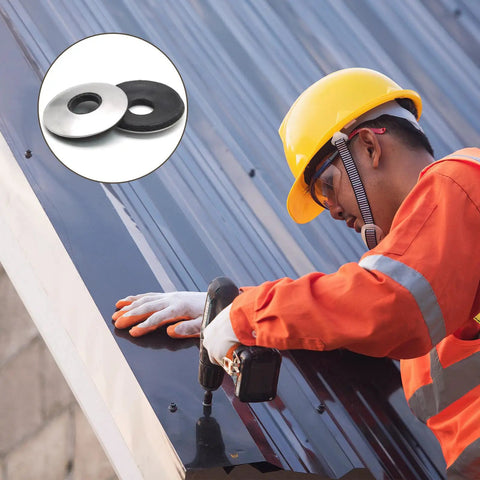 Worker using a drill on a metal roof with 100 Pack Bonded Sealing Washers Crafted From Heavy Duty 304 Stainless Steel And Flexible EPDM Rubber.