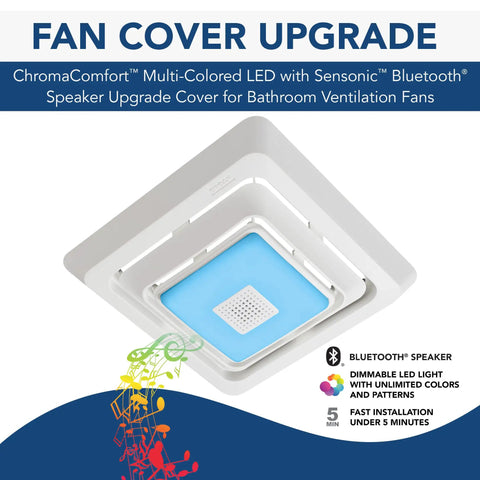Replacement Bath Fan Cover With Color Changing LED Light Adjustable Brightness And Scene Modes And Sensonic Bluetooth Speaker For Ambient Sound For Your Vibe Not Included With Fan Fits Select Bathroom Fan Models, showcasing multi-colored LED and speaker upgrade.