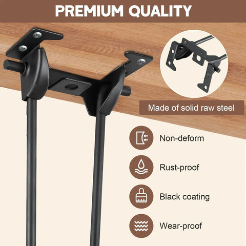 Hella Sturdy 12.6 Inch Foldable Hairpin Table Legs Built Solid Steel Furniture Supports with black coating installed under a wooden tabletop.