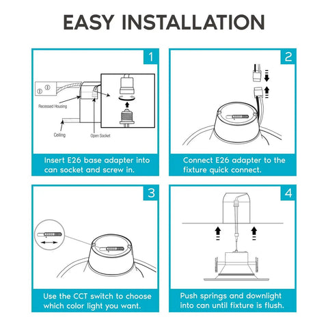 Installation diagram for 5 To 6 Inch LED Recessed Downlight Dimmable Wet Rated Energy Star with steps 1 to 4.