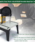Portable Band Saw Stand Table for Versatile Use with Most Band Saws Including Milwaukee Deep Cut Models 6230 6232 6236 6238 Adjustable Height Stable Support Easy Setup On The Job, displayed with table settings and instructional text overlay.
