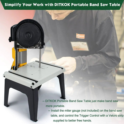 Portable Band Saw Stand Table For DeWalt And Milwaukee Deep Cut Saws Powder Coated Beefy Yet Lightweight Quick Attach Level Up Your Woodworking DIY Projects Precise Rips And Safer Cuts On The Job with a background of a person working