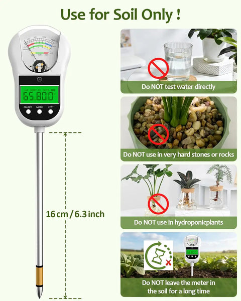 7 In 1 Soil Test Kit With Moisture, PH, Light Intensity, Fertility, Temperature, Humidity And Air Temperature Readouts, Dual Large Display For Garden, Lawn, Farm, Indoor And Outdoor Plants, Warm White, 16 cm