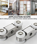 Two Piece Four Wheel Stainless Steel Sliding Door Hanging Wheel Set for halls kitchens cabinets and wardrobes, nylon wheel 23mm diameter, 71 x 25mm