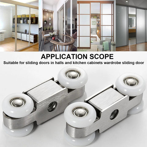 Two Piece Four Wheel Stainless Steel Sliding Door Hanging Wheel Set for halls kitchens cabinets and wardrobes, nylon wheel 23mm diameter, 71 x 25mm