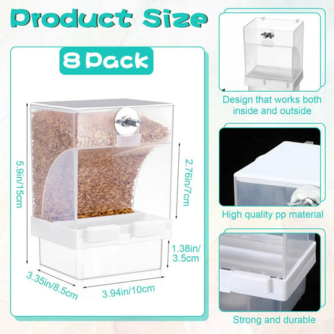 No Sweat Automatic Parrot Feeder Cups Bulk Pack with clear design, 15cm tall, holds 350g seeds for small birds.