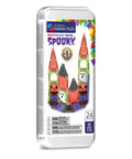 24 Piece Halloween Magnetic Building Tiles For Kids To Build A Mini Haunted House Featuring Spooky Neon Blocks Portable Travel Case with ghost and pumpkin designs.