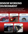 Sensor working environment showing water proof, dust proof, cold proof, drop proof, and anti-theft features for durability.