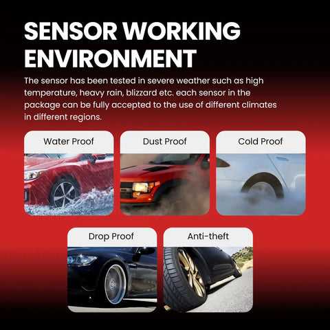 Sensor working environment showing water proof, dust proof, cold proof, drop proof, and anti-theft features for durability.