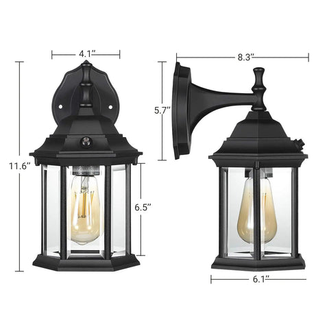 Dusk To Dawn Outdoor Wall Lantern 2 Pack Matte Black Weatherproof Exterior Light Fixture Sconce, front and side view