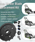 All In One Lawn Mower Blade Replacement Kit With Fan Bolts Nuts And Washers For Dual Blades Fits 21 Inch Mowers Compatible With LM2130SP LM2150SP And LM2160SP No Fuss Easy Install shown with parts and mowers.