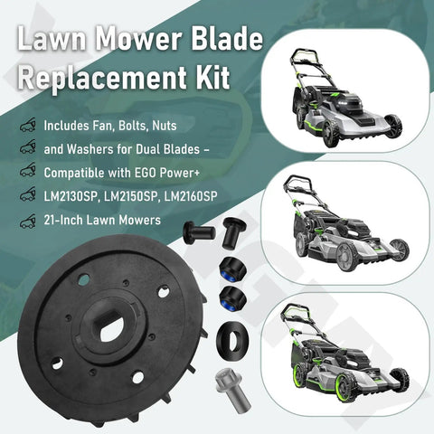 All In One Lawn Mower Blade Replacement Kit With Fan Bolts Nuts And Washers For Dual Blades Fits 21 Inch Mowers Compatible With LM2130SP LM2150SP And LM2160SP No Fuss Easy Install shown with parts and mowers.