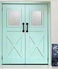Double mint doors with 9.6 Inch Pipe Barn Door Pull Handle In Black Rustic Industrial Finish installed as handles
