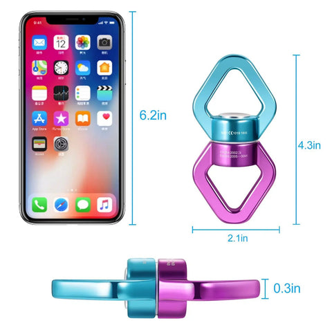 Beefy Safety Rotational Swivel With Aluminum Alloy Double Ball Bearings, Holds Over 8500 Pounds, 360 Degree Spin For Smooth Rope Climbing, Hiking And Workouts, Attaches Up To Three Carabiners, Prevents Rope Twist And Kinking, blue and purple 4.3in swivel with phone size reference