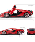 Lamborghini Sian FKP 37 1/14 RC Car For Kids Red Realistic 13.3 Inch Scale Remote Control Toy side and front views with dimensions
