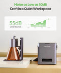 AP1 Air Purifier And Fume Extractor With Pro Grade 3 Layer Filtration Portable Filter on table showing low noise levels chart