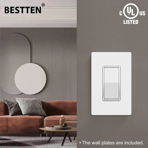 10 Pack Single Pole Decorator Wall Switch With Screwless Wall Plate Easy Install, 15A 120 To 277V On Off Paddle Rocker Interrupter.