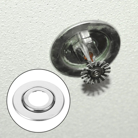30 Pcs Stainless Steel Fire Sprinkler Cover Plates With Slick Silver Dual Disc Design installation on ceiling with sprinkler head visible.