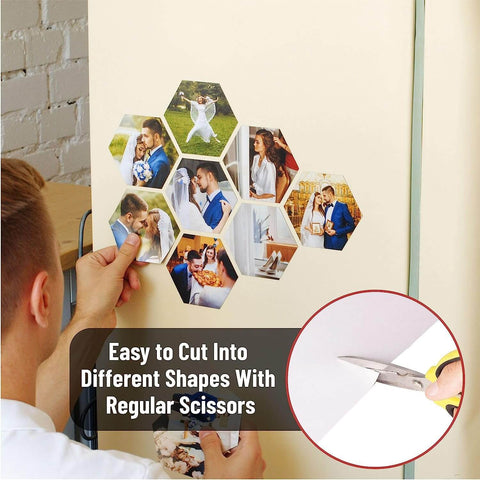 Person cutting Non Adhesive Magnetic Sheets 8.5 By 11 Inches 30 Mil Thick into hexagon shapes, affixing photos, highlights flexibility.