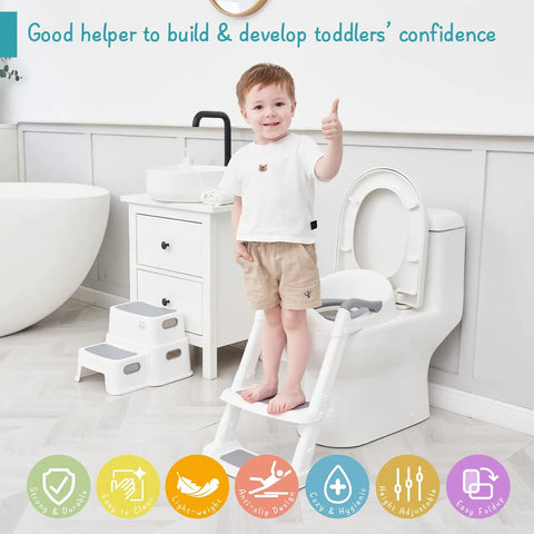 Hassle Free Potty Training Toilet Seat With Step Stool And Foldable Toddler Insert With Plush Cushion And Secure Handles For Smooth Big Kid Transition In White Grey