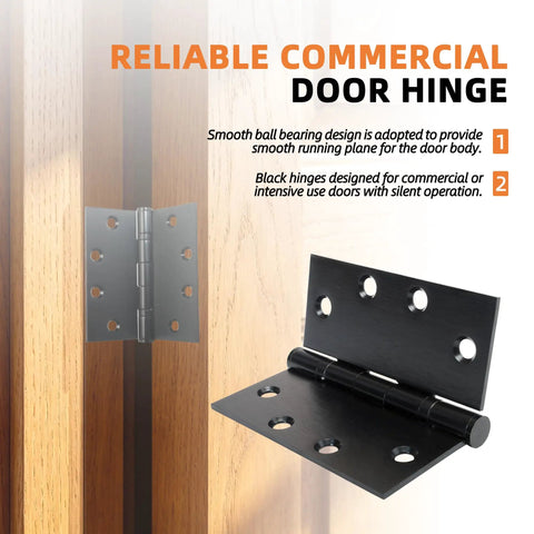 6-Pack Heavy Duty Black Commercial Door Hinges 4.5 By 4.5 Inches Thickened, 304 Stainless Steel With Electroplated Black Finish, Square Corner, Standard Hole Pattern, Built For High Traffic Doors, Durable Professional Grade Hardware, black commercial door hinge on wood door