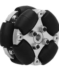 Omni wheel module for small robots; aluminum hub, black PU rollers, 360° omnidirectional movement