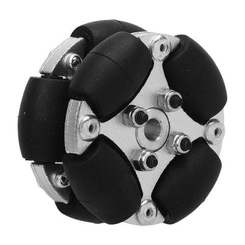 Omni wheel module for small robots; aluminum hub, black PU rollers, 360° omnidirectional movement