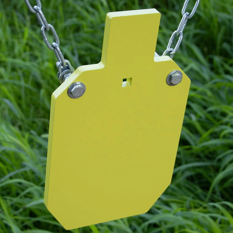 Ar500 Steel Silhouette Target 7 By 12 Inches Half Inch Thick For Rifle Practice hanging in green grass